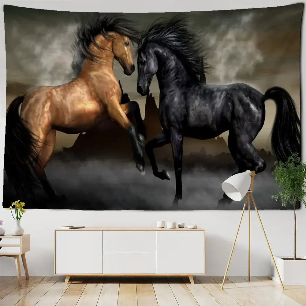 Bohemian black and gold galloping horse tapestry wall art with dramatic rearing horses for living room decorbites galloping horse