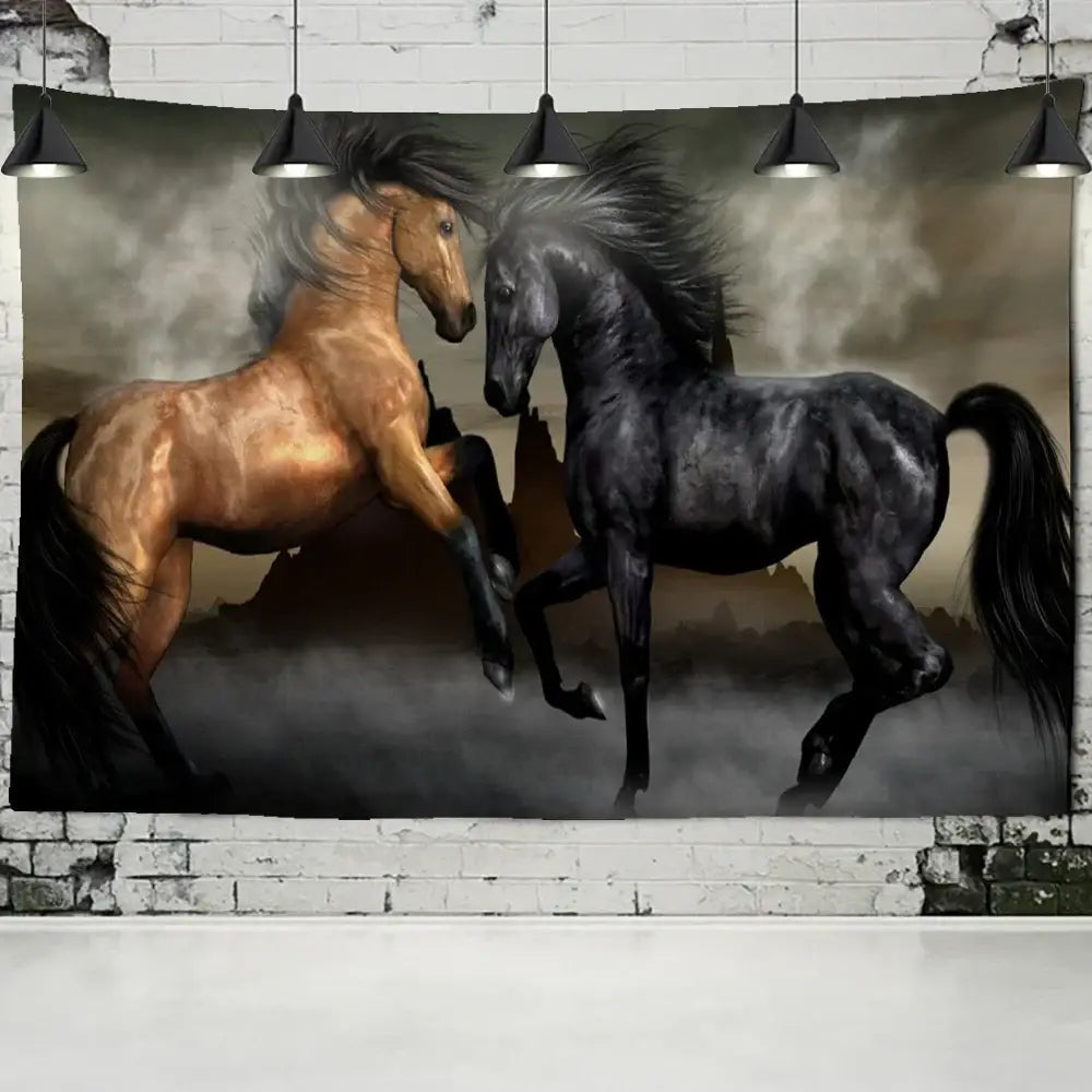 Bohemian black and gold galloping horse tapestry featuring two horses on a moody backdrop for wall decorbites decor