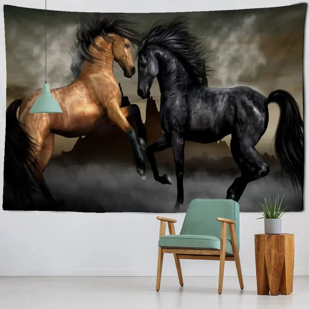 Bohemian black and gold galloping horse tapestry featuring two horses rearing against a cloudy backdrop for wall decorbites galloping horse wall art