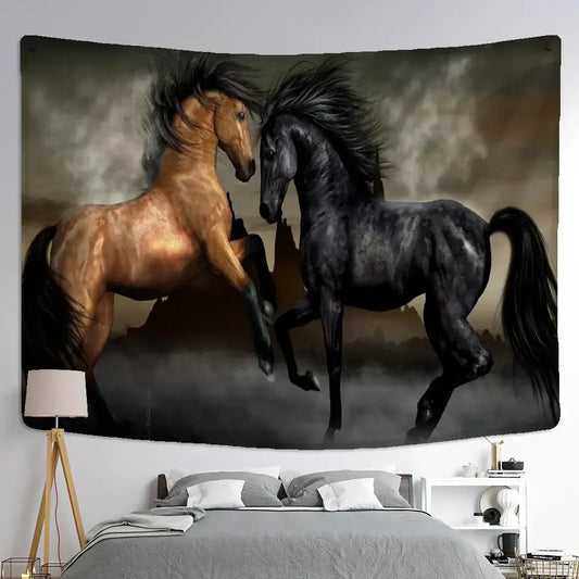 Rectangular bohemian black and gold galloping horse tapestry featuring two horses galloping toward each other for wall art decorbites galloping horse