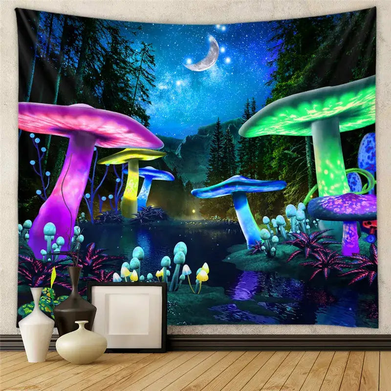 Bohemian decorative tapestry yoga mat with vibrant psychedelic neon mushrooms under starry night and crescent moon