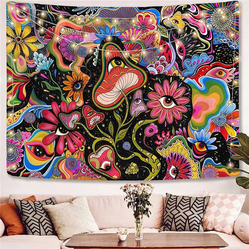 Vibrant psychedelic decorative tapestry yoga mat with swirling flowers eyes and mushrooms in bold colors on black background