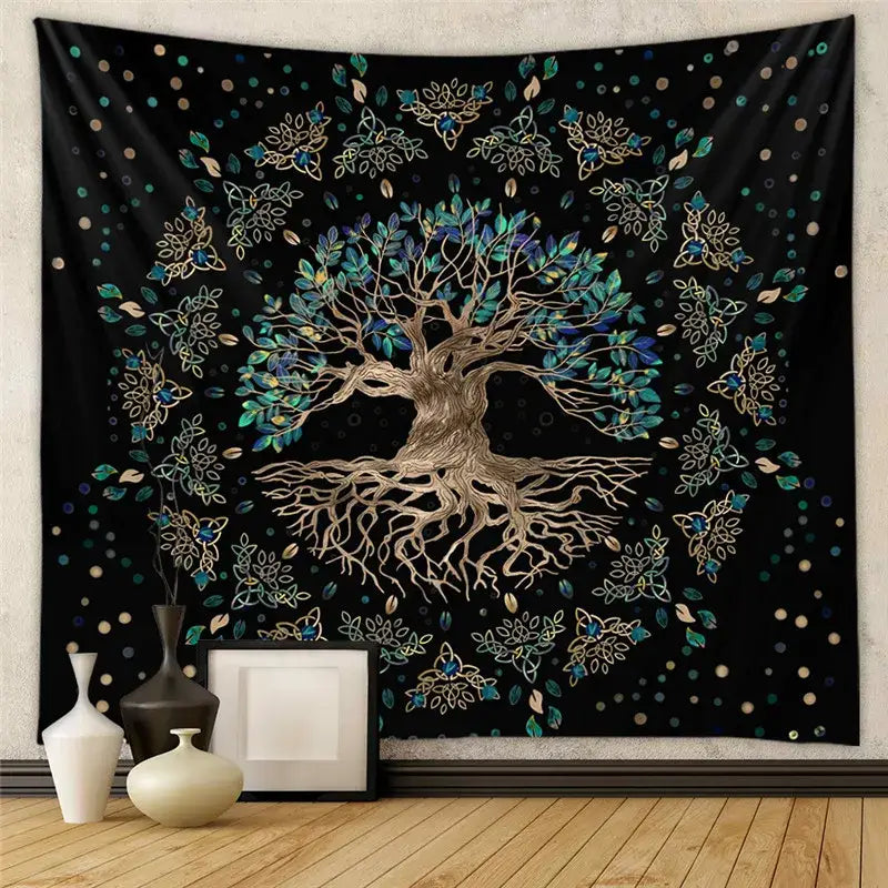 Black decorative tapestry yoga mat featuring a gold and teal tree of life with intricate celtic knotwork patterns