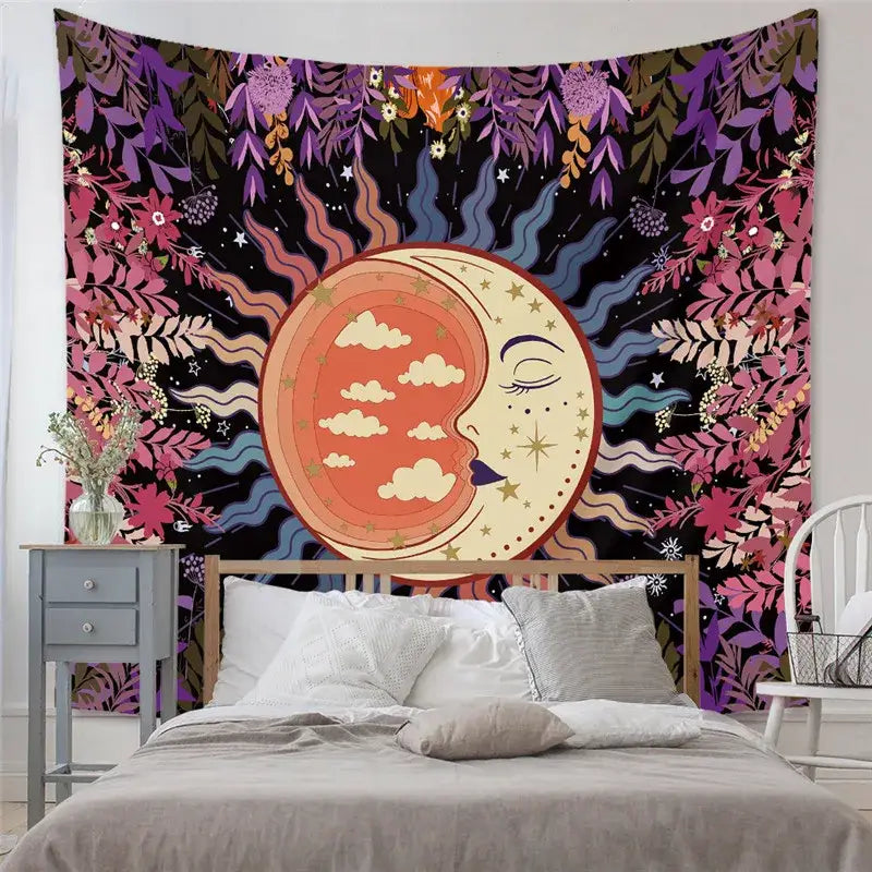 Bohemian decorative tapestry yoga mat with vibrant sun moon floral patterns in purple pink orange and blue on black background