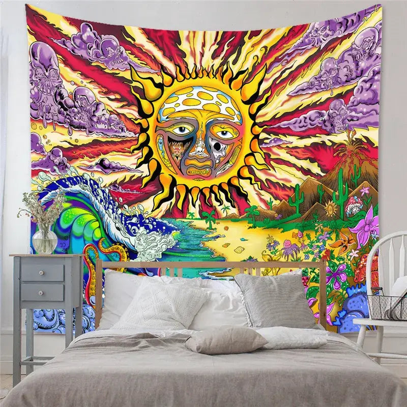 Bohemian black and white decorative tapestry yoga mat featuring a vibrant psychedelic sun and nature design for bedroom decor