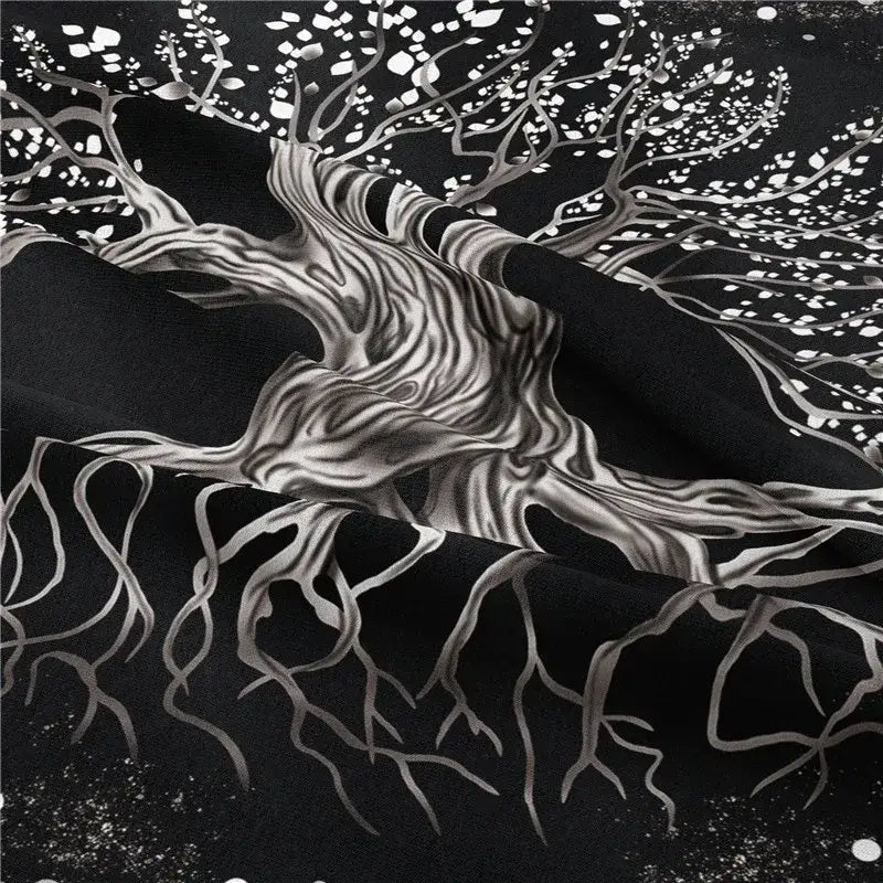 Bohemian black fabric yoga mat with detailed silver tree design featuring intricate branches and roots decorative tapestry yoga
