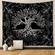 Bohemian black and white decorative tapestry yoga mat featuring a detailed tree of life with roots and branches design