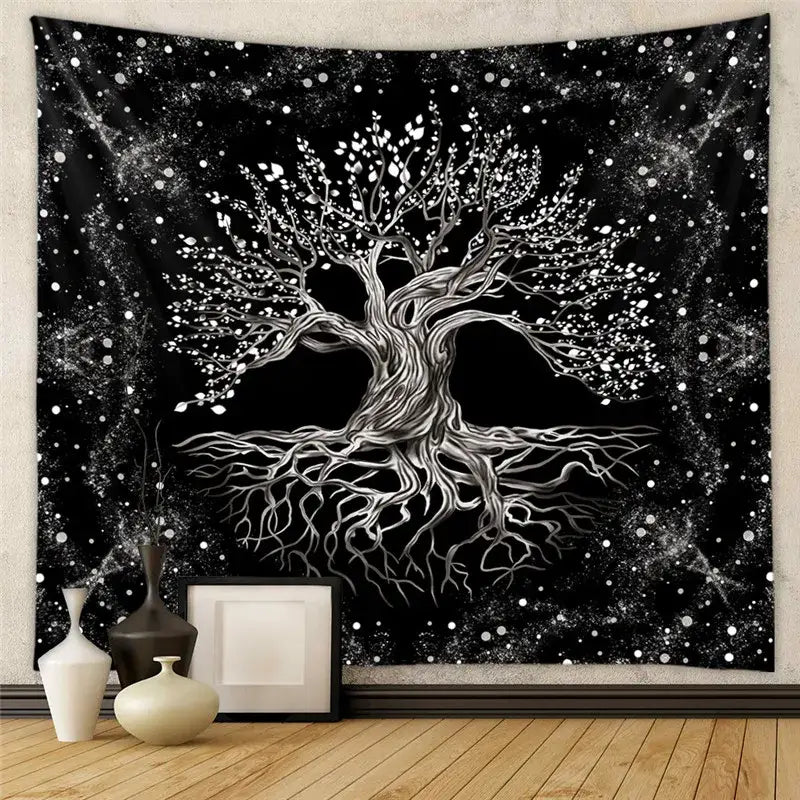 Bohemian black and white decorative tapestry yoga mat featuring a detailed tree of life with roots and branches design