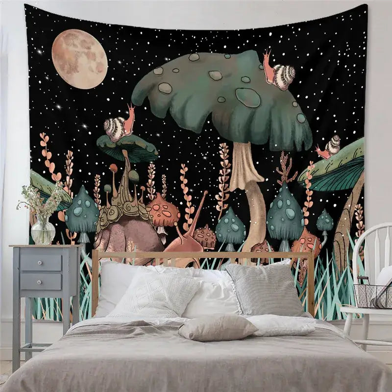 Bohemian black and white decorative tapestry yoga featuring a fantasy forest with mushrooms and a full moon for yoga mat use