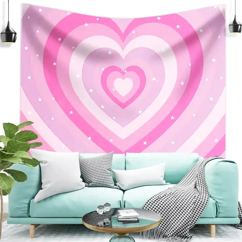Pink concentric heart patterned decorative tapestry yoga featuring white stars for yoga mat and bedroom decor