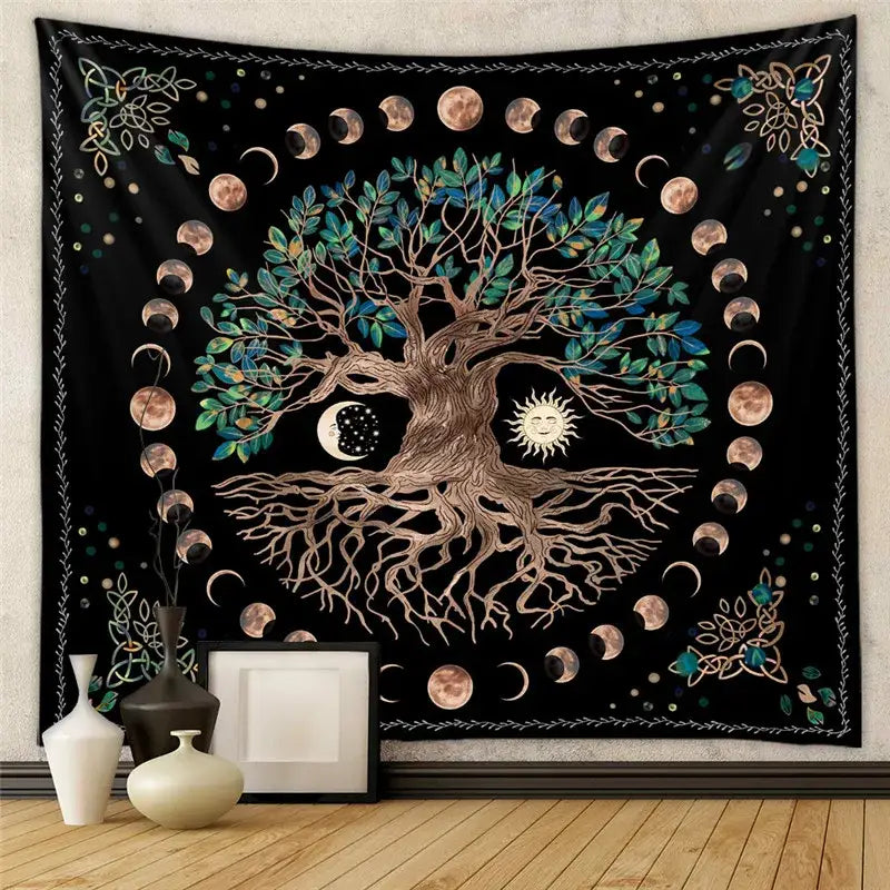 Black tapestry yoga mat featuring bronze tree of life with green leaves and copper moon phases for decorative tapestry yoga