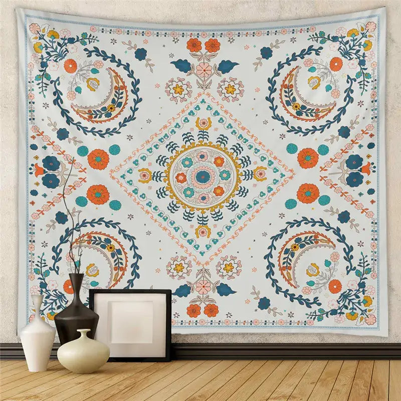 A vibrant patterned decorative tapestry yoga mat with intricate floral and mandala designs in orange teal and blue