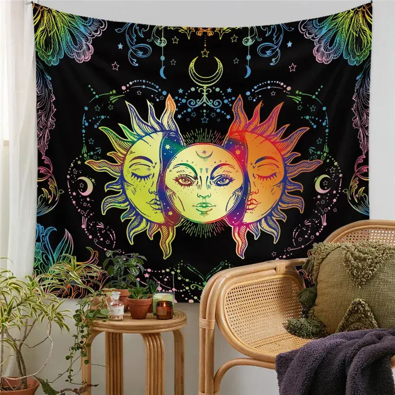 Vibrant rainbow-colored decorative tapestry yoga mat featuring three sun faces on black with celestial motifs and patterns