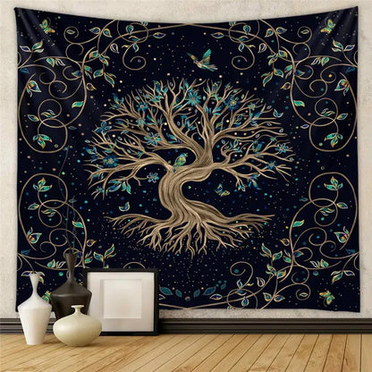 Dark navy decorative tapestry yoga mat with golden tree of life teal blossoms and birds for bedroom decor