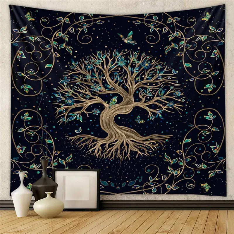 Dark navy decorative tapestry yoga mat with golden tree of life teal blossoms and birds for bedroom decor