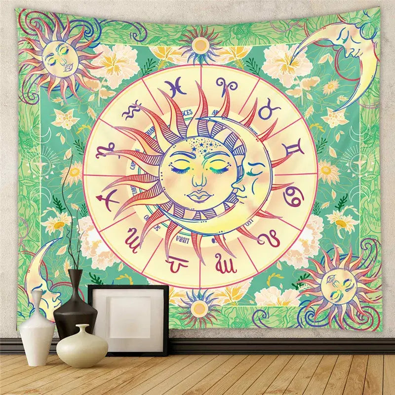Bohemian decorative tapestry yoga mat with vibrant green and yellow zodiac wheel and celestial floral patterns