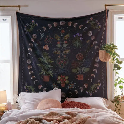 Bohemian black and white tree of life decorative tapestry yoga mat with dark blue botanical moon phase design for bedroom decor