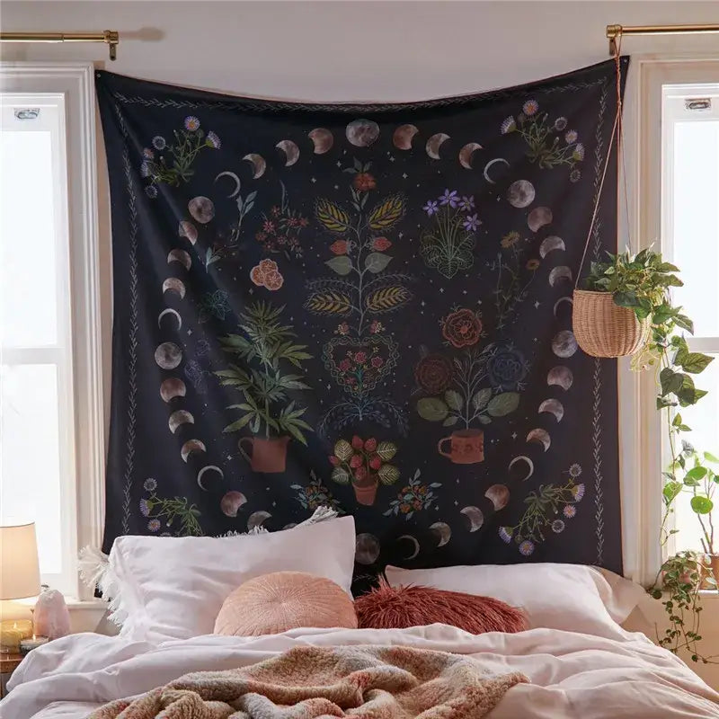 Bohemian black and white tree of life decorative tapestry yoga mat with dark blue botanical moon phase design for bedroom decor