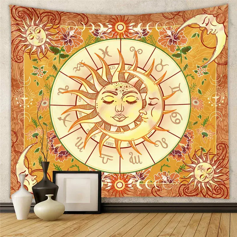Bohemian decorative tapestry yoga mat featuring a vibrant orange sun and moon zodiac wheel with floral patterns
