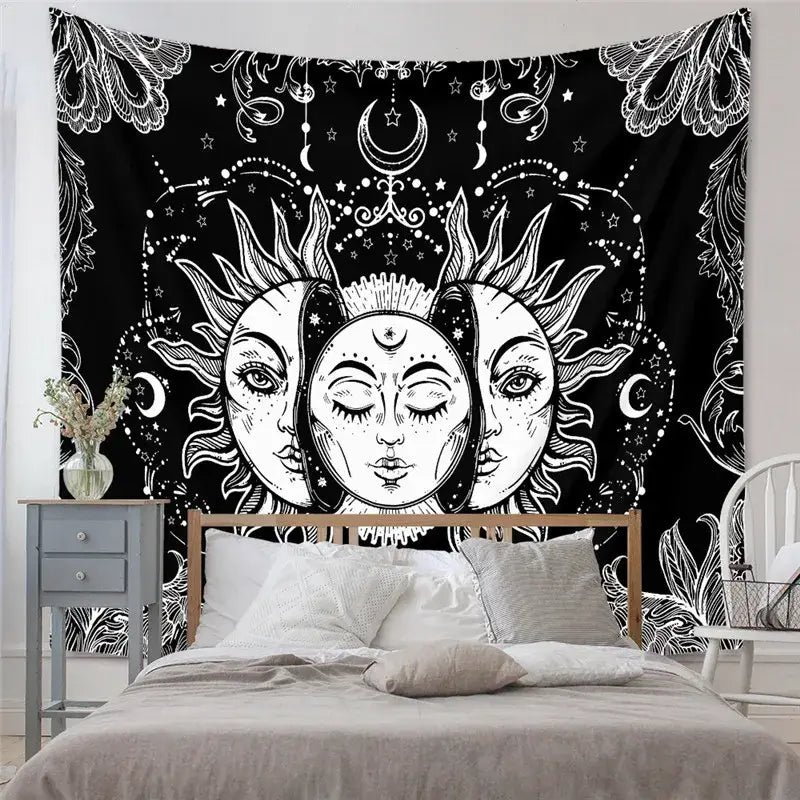 Bohemian black and white decorative tapestry yoga mat featuring celestial line art with sun moon and stylized faces