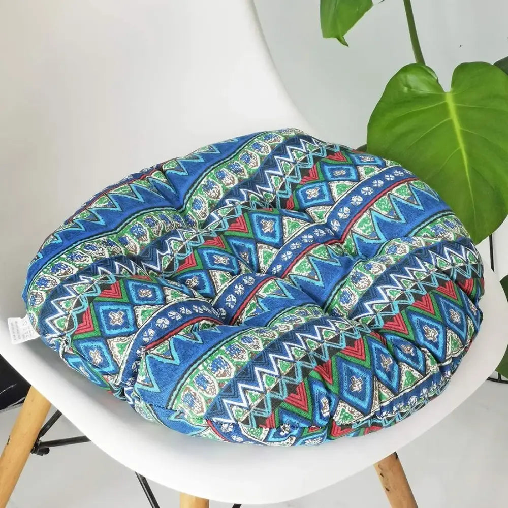 Bohemian blue green and red geometric meditation cushion pouf with quilted design for living room use
