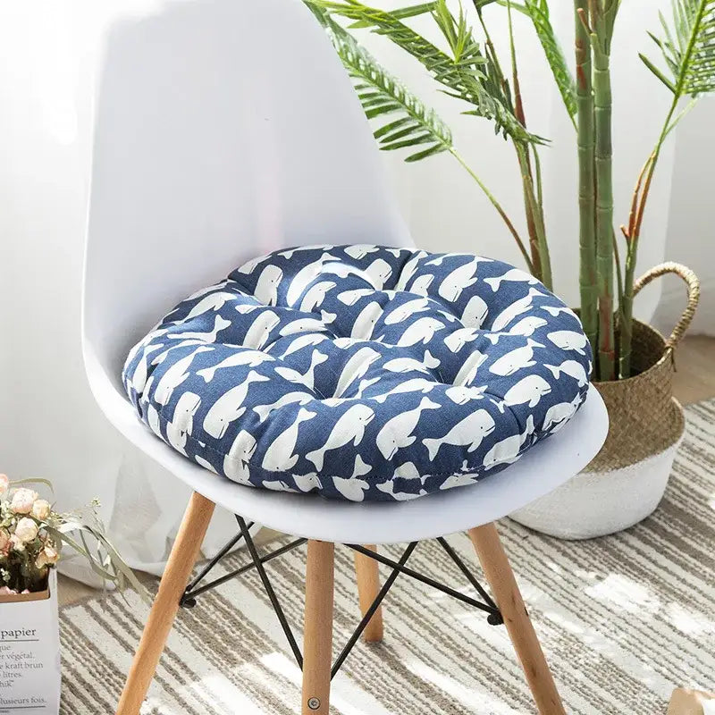 Bohemian blue green and red geometric meditation cushion pouf with blue and white whale pattern round cushion pouf