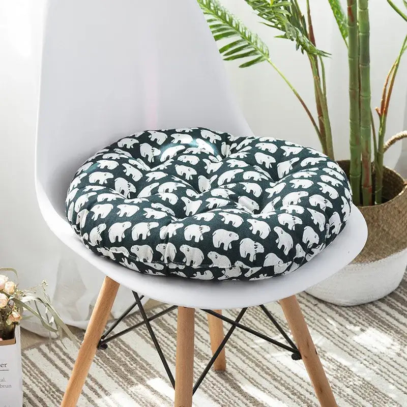 Bohemian blue green and red geometric meditation cushion pouf with dark green fabric and white polar bear patterns