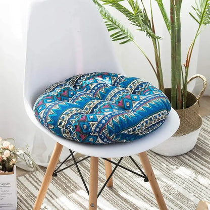 Bohemian blue green and red geometric meditation cushion pouf with blue patterned tribal-inspired designs