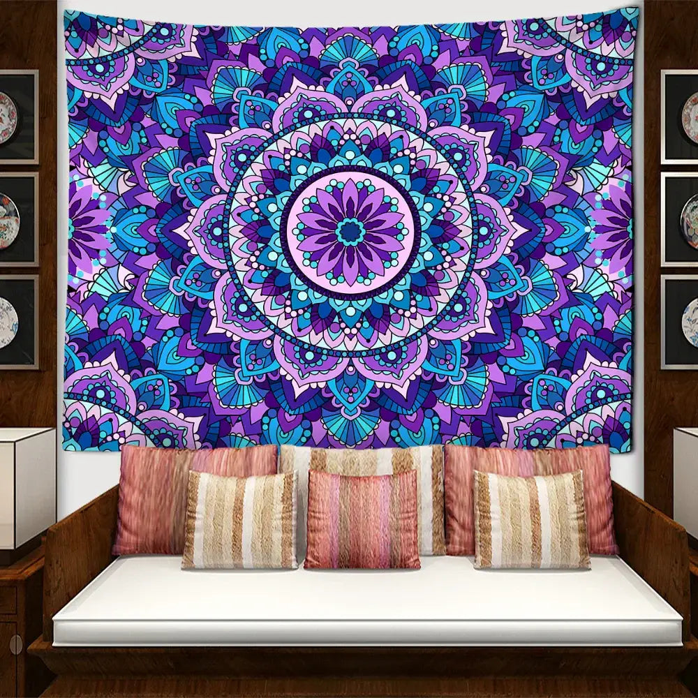 Bohemian blue purple mandala tapestry featuring vibrant intricate layered floral patterns for bedroom wall hanging