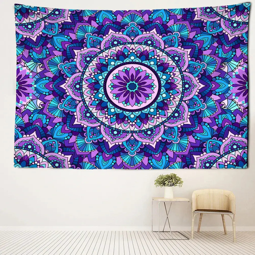 Bohemian blue purple mandala tapestry with vibrant floral patterns for bedroom wall hanging
