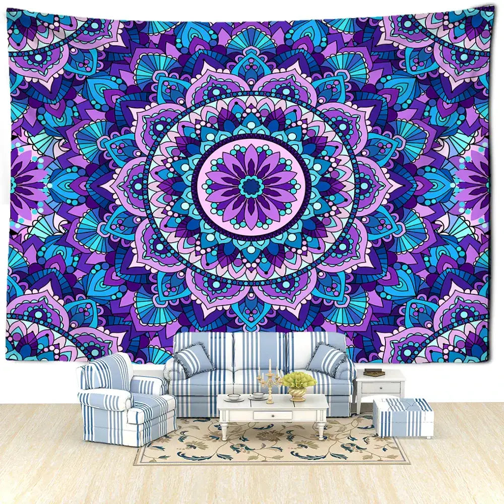 Bohemian blue purple mandala tapestry with vibrant intricate floral patterns hanging as a bedroom wall hanging