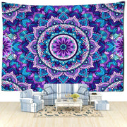 Bohemian blue purple mandala tapestry with vibrant intricate floral patterns hanging as a bedroom wall hanging