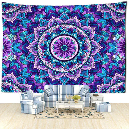 Bohemian blue purple mandala tapestry with vibrant intricate floral patterns hanging as a bedroom wall hanging