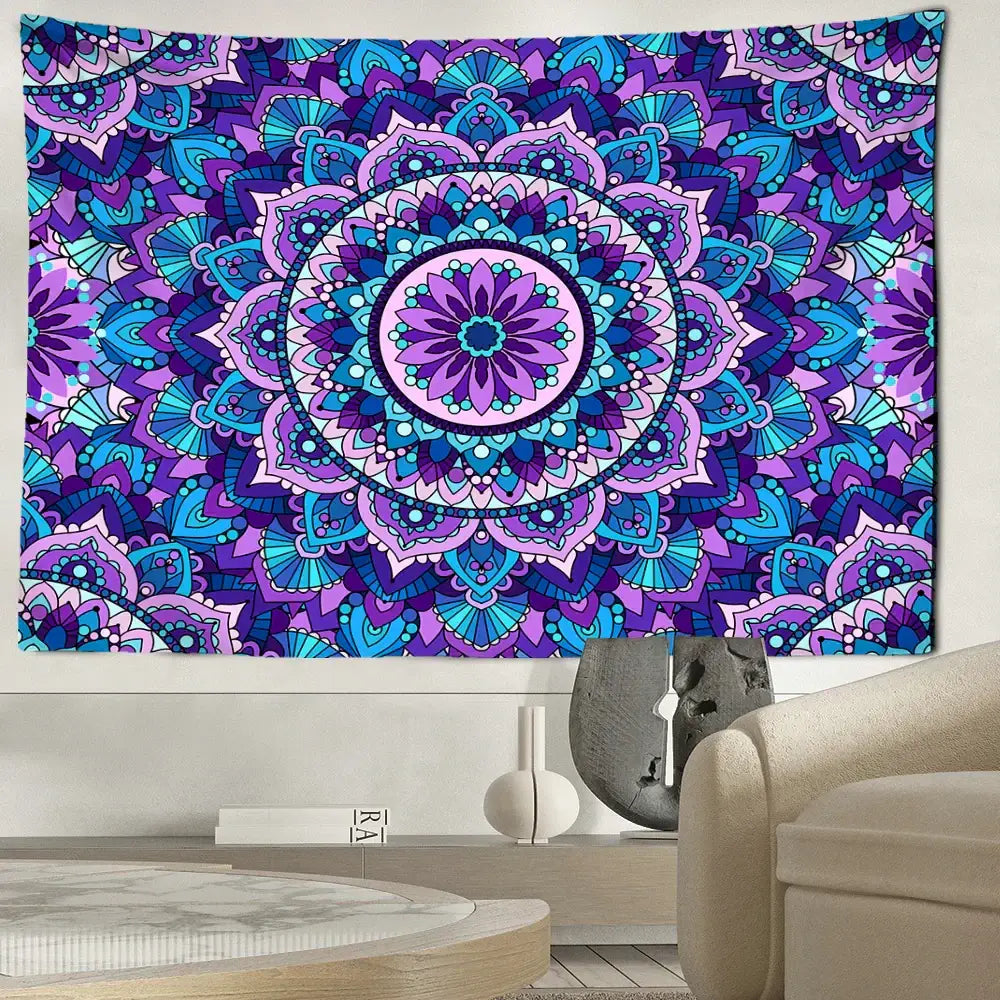 Bohemian blue purple mandala tapestry with intricate floral patterns for bedroom wall hanging decoration