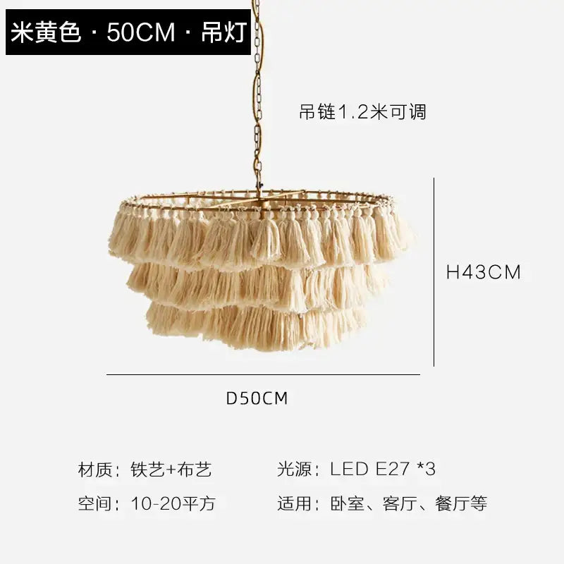 Beige tiered tassel light with gold metal frame and chain decorbites bohemian chandelier suspension light for bedroom