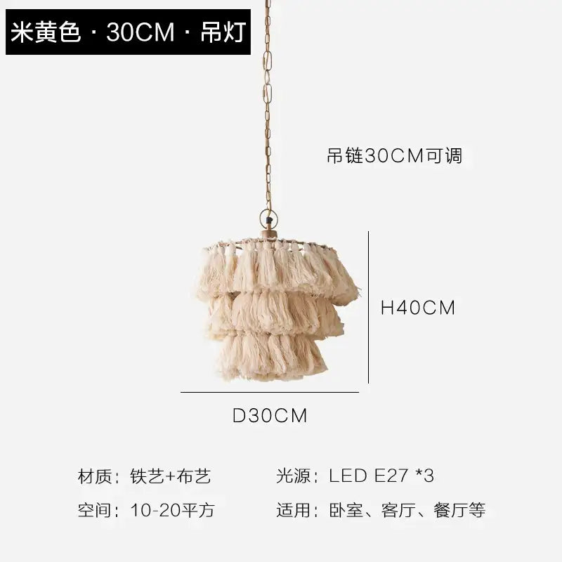 Beige tiered fringe tassel light with gold iron frame and chain decorbites bohemian chandelier suspension light