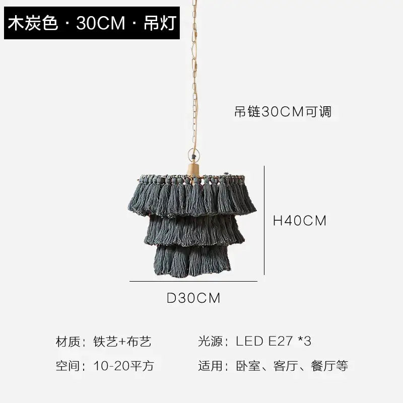 A tiered charcoal-gray tassel light with brass chain and iron frame for decorbites bohemian chandelier suspension light