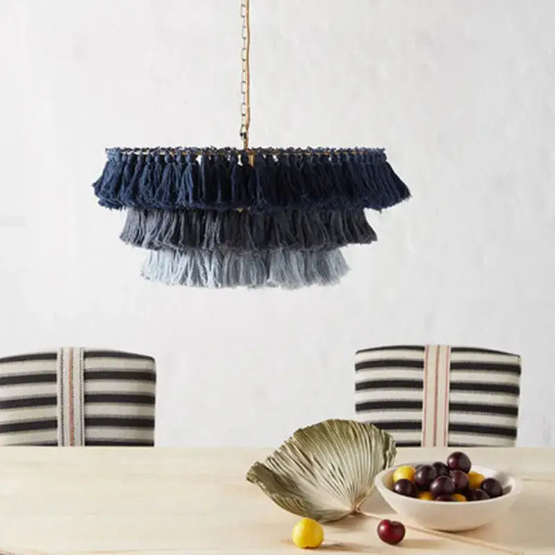 Tiered navy blue tassel light with brass chain suspension light from decorbites bohemian chandelier collection
