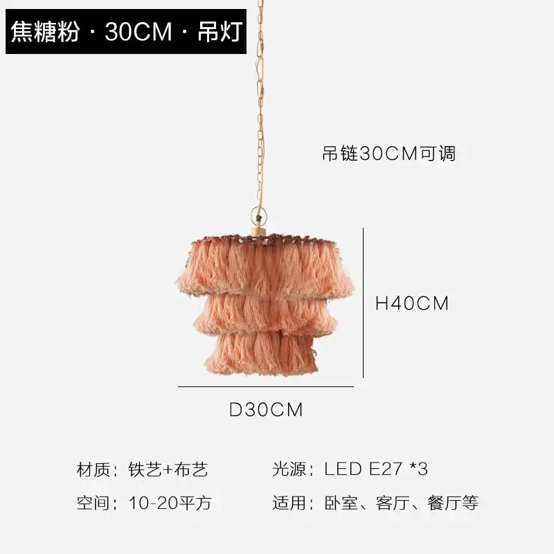 Bohemian blush pink tassel light with peach fringes gold-toned iron frame suspension light by decorbites