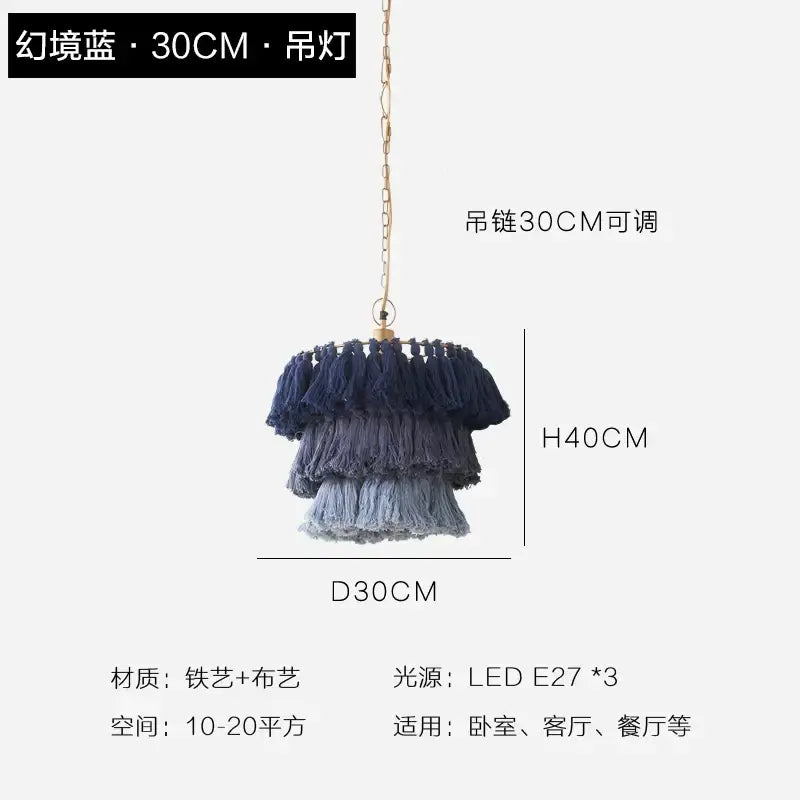 Blue tassel suspension light with tiered fabric fringe and gold chain from decorbites bohemian chandelier collection