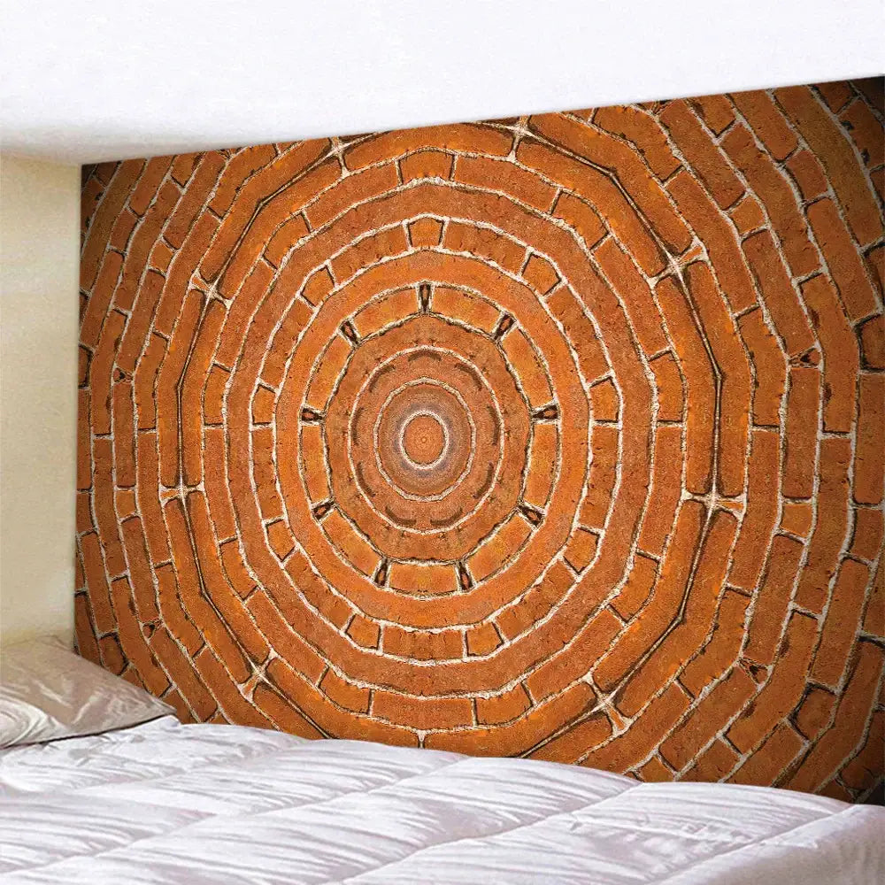 Bohemian brick wall texture mandala tapestry featuring a circular orange brick wall design for bedroom decorbites decor