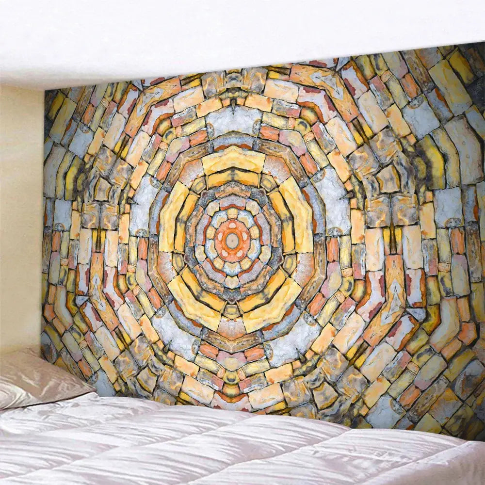 Bohemian brick wall texture mandala tapestry featuring vibrant concentric rings of warm stone-like bricks for bedroom decorbites brick wall decor