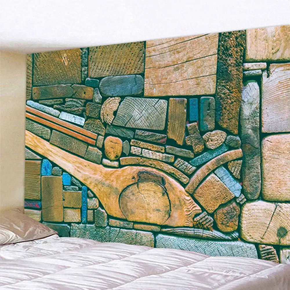 Bohemian brick wall texture mandala tapestry featuring a rustic stone and wood mosaic with earthy tones for decorbites brick wall decor