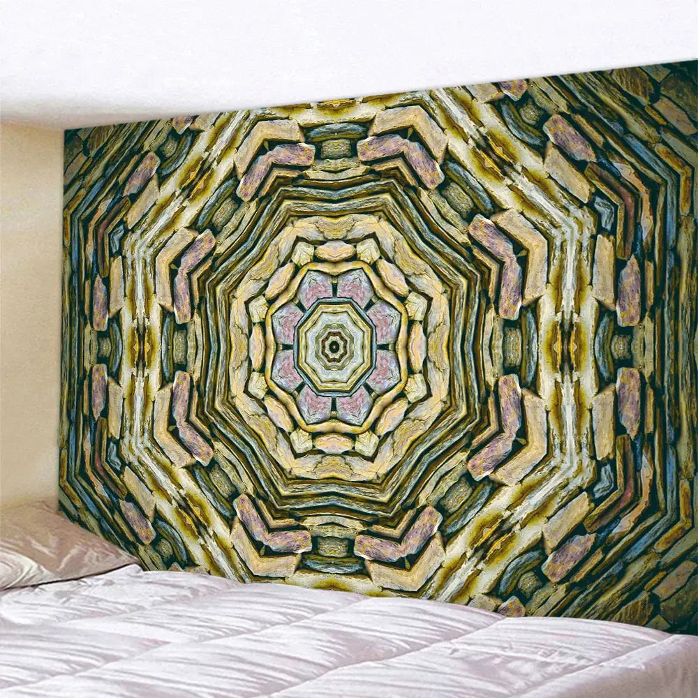 A stone mosaic bohemian brick wall texture mandala tapestry in earthy beige brown and muted pink for bedroom decor