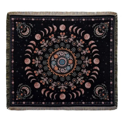 Black bohemian camping blanket by decorbites with moon phase floral patterns and fringed edges for living room decor