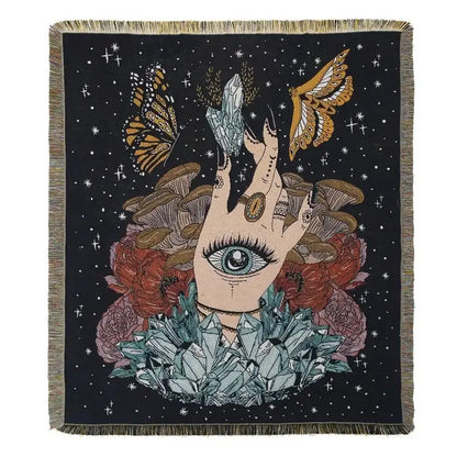 Black woven decorbites bohemian camping blanket with eye in hand and nature motifs against starry night sky design