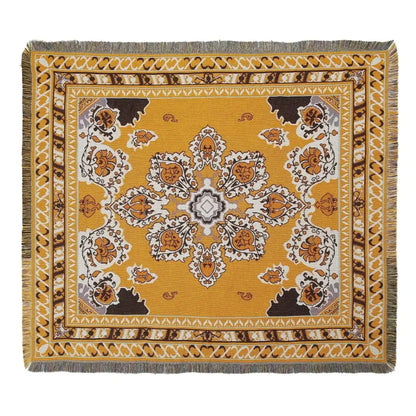 A decorbites bohemian camping square throw blanket with a mustard yellow sun pattern and fringed edges for living room decor