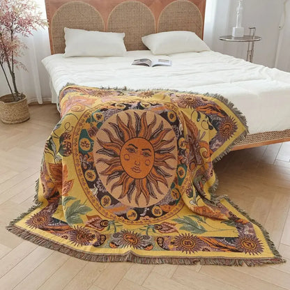 Vibrant yellow bohemian camping blanket with sun motif and floral patterns by decorbites for living room throw decor
