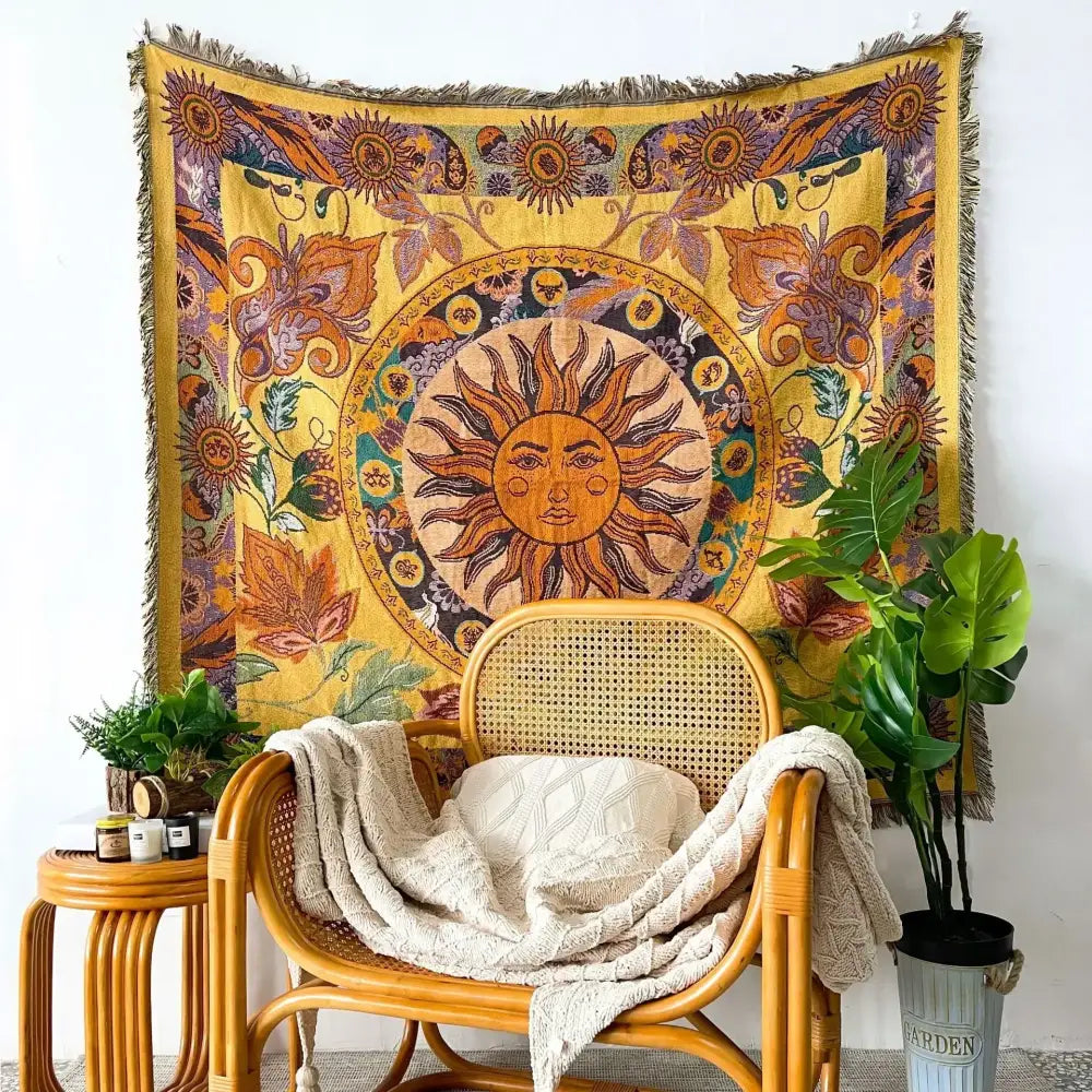 Vibrant yellow decorbites bohemian camping blanket with central sun motif floral patterns and fringed edges for living room throw
