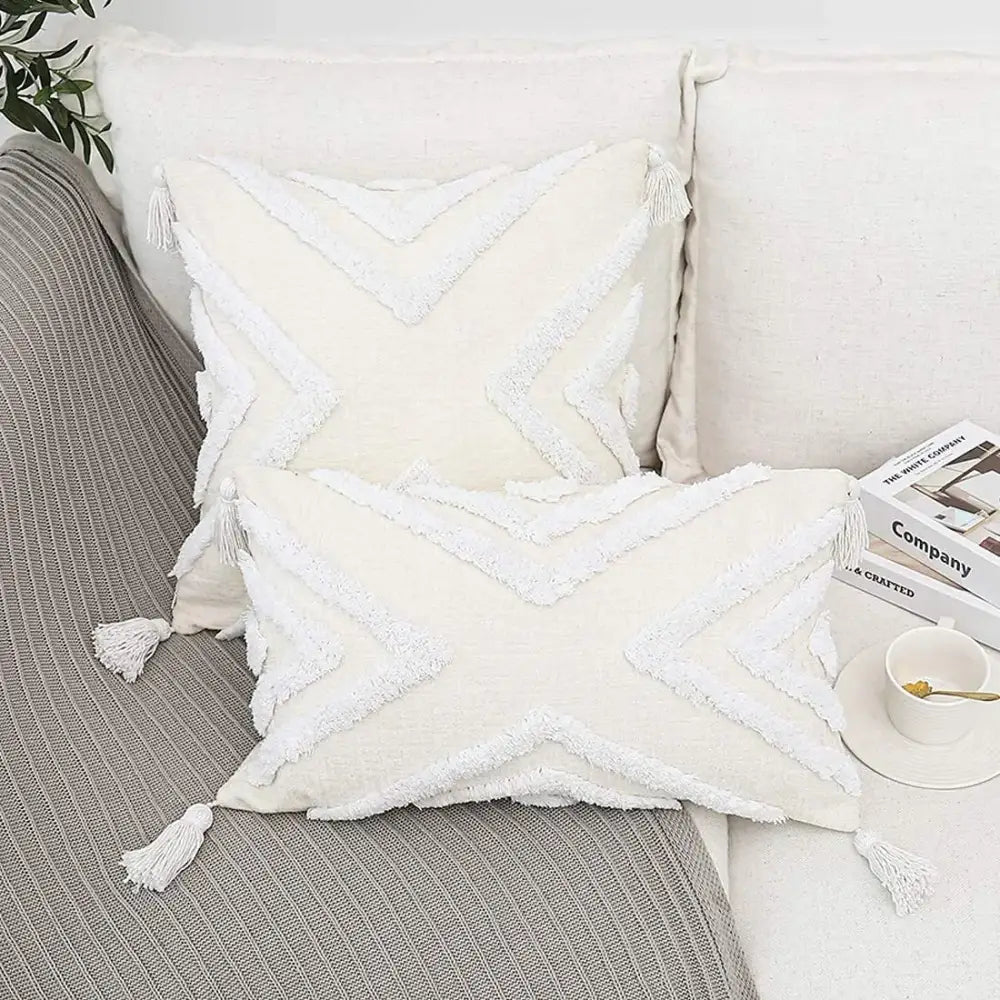 Cream-colored bohemian chenille pillowcase with textured fringed geometric patterns and tassels for living room decorbites bohemian